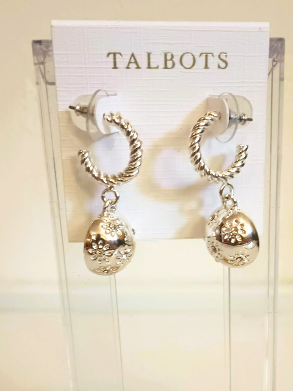 Talbots Half Hoop Drop Earrings Silver Tone Dangle Floral Rhinestone Post